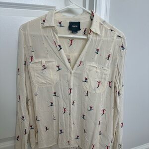 Anthropologie: Maeve Cream Button-Up Shirt with Skier Print